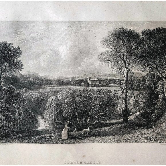1844 Gordon Castle Engraving Victorian Scotland Greyhound Dogs Couple DWSS18 - Picture 1 of 2